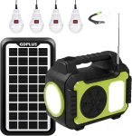 Cod. 224  Banco de Energía GDPLUS Bat. 48 Wh (13.000 mAh) + 1*Panel Solar + 4*Bombillas LED + 1*Cable cargador 5en1 / puertos: 2*USB-A, 5*DC / Función: Linterna LED, mp3, Radio FM, USB / Peso. 2 lbs