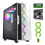 Cod. 401 Case GAMEMAX Diamond CP White / ATX / Panel frontal Efecto corte en diamante y tira LED ARGB / Diseño puerta deslizante / tapa lateral vidrio templado / USB3.0 + USB 2.0 / admite VGA 340mm / Incluye 4*Fans (1*Fan Turbo 14CM COC P/MB + 3*Fans 12CM