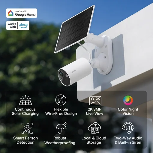 Cod. 358 Kit Cámara Smart TP-Link Tapo C410 2K &amp; panel solar / Visión Nocturna a Color / detector smart Persona / Zonas personalizables / Audio bidireccional / Soporta microSD(512GB) / Bat. integrada (180días) / Compatible: Google Home y Alexa / IP65