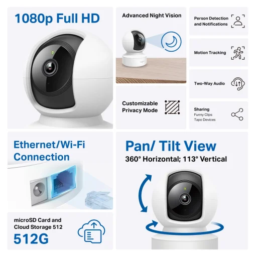 Cod. 336 Cámara Smart TP-link Tapo C202 360º FHD / vista nocturna 12 M / Seguimiento Inteligente de movimiento / Audio bidireccional / Alarma luz y sonido / soporta: microSD (hasta 512GB) / compatible: Google Home y Amazon Alexa.