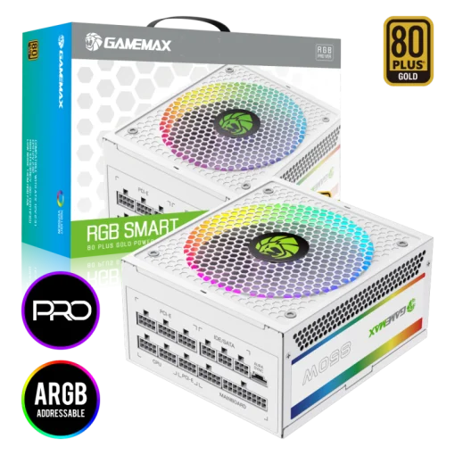 Cod. 159 Fuente de Poder GAMEMAX RGB-850 PRO WH / Modular / 850WATTS / Certificada 80 + Gold / 14CM ARGB FAN /sincronizaci&oacute;n con placas base RGB compatibles de ASUS, GIGABYTE, MSI y ASRock