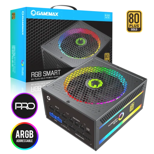 Cod. 161 Fuente de Poder GAMEMAX RGB-850 PRO BK / Modular / 850WATTS / Certificada 80+ Gold / Compatible NVIDIA Series RTX / AMD RT-RX (ATX 12V 2.31, EPS 12V 2.92) / 14CM ARGB FAN Silencioso (25 Modos de iluminaci&oacute;n) Aura SYNC ASUS, GIGABYTE, MSI
