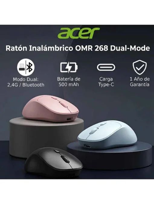 Cod. 298 Mouse Inal&aacute;mbrico ACER OMR268 BL / Dual (2.4G &amp; Bluetooth&reg; 5.2) / 1600 DPI / 4 botones / Dise&ntilde;o Ergon&oacute;mico / Bat. Recargable (500mAh)