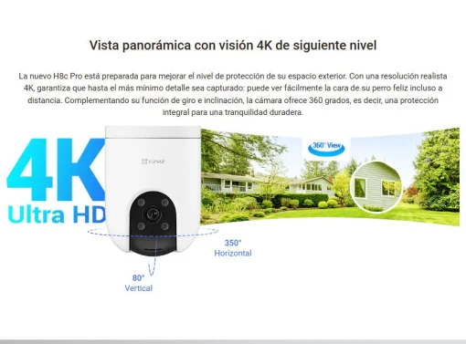 Cod. 395 C&aacute;mara Smart p/exterior 360&deg; Wi-Fi EZVIZ H8c Pro 4K (8MP) / Visi&oacute;n nocturna a color / IR (hasta 30mt.) / Detecci&oacute;n Personas/Veh&iacute;culos IA / Seg. Zoom autom&aacute;t. / Defensa activa / Audio bidireccional / IP66 / Soporta microSD (hasta 512GB) / compatib