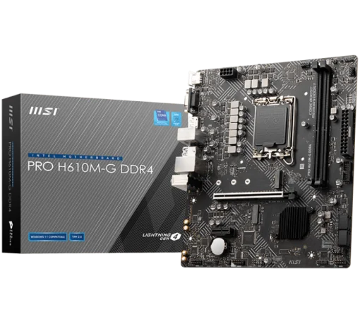 Cod. 150 Mainboard MSI Pro H610M-G DDR4 14va./13va./12va. Gen / LGA 1700 / 2*DDR4 3200 MHz / 4*Sata, 1*M.2 / HDMI&trade; 2.1, DisplayPort 1.4, VGA / USB 3.2 GEN1, USB 2.0 / PCI-E Gen 4.0 x16/ Audio Boost 8-CH HD 7.1 / GbE LAN    Marca	MSI Modelo	PRO H610M-G DDR