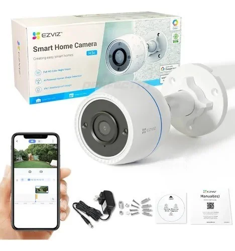 AE:366 Cámara Smart P/Exterior EZVIZ H3c FHD 1080p / Det. Personas por IA / Visión nocturna FullColor / IR (hasta 30mt.) / Captura de sonido / Defensa activa / Soporta microSD (hasta 512GB) / Resistente a la intemperie IP67 / Compatible: Alexa y asst. Goo