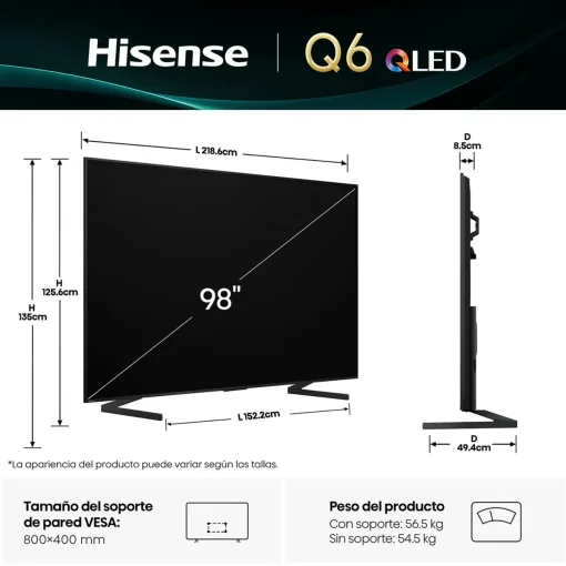 Cod. 127 Smart TV Hisense 98" 98Q6QG QLED 4K UHD / Google TV / FreeSync Premium / Dolby Vision / Dolby Audio / MEMC, AIPQ / Wi-FI 6, BT V5.3 / 4*HDMI 2.1, 2*USB / Control remoto por voz