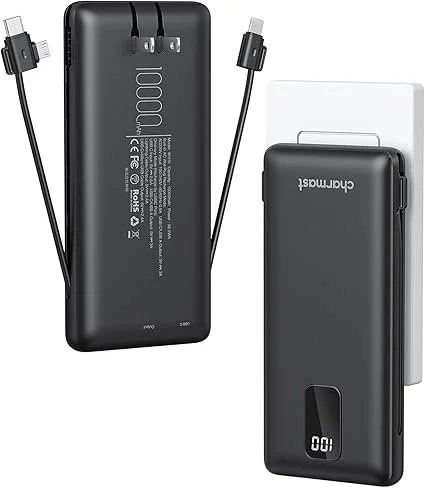 Cod. 254  Power Bank con cables integrados CHARMAST W1115 10.000 mAh / Puertos: 5*salidas, 2*entradas / Ultra Slim / pantalla LED / Compatible: iPhone 16/15/14/13, Samsung, iPad y m&aacute;s