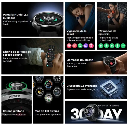 Cod. 1160 SmartWatch HAYLOU Solar Neo HF008 Black / LLamadas BT 5.3 / Pantalla HD 1.53" / +120 modos deportivos / Monitoreo de salud / IP68 / Bat. 300mAh (7-30 dias) / Incl.&nbsp;2 correas