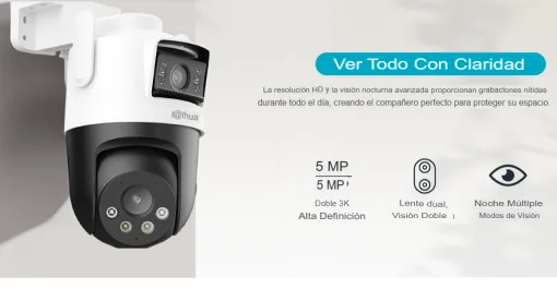 Cod. 372 Cámara Smart Exterior 360° DAHUA Picoo Dual 3K D1 5MP+5MP / Wi-Fi 6 / Vista Nocturna Dual Ligth (50m IR) / Detección humana/vehículo IA / 6*modos patrulla / Alarma (Luz y sonido) / Seg. automát. / Audio bidireccional / Soporta microSD (hasta 256G