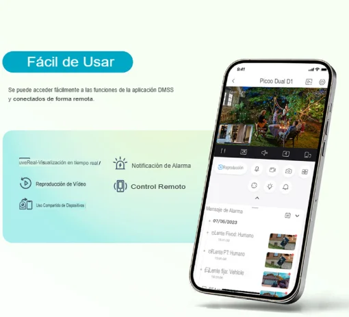 Cod. 372 Cámara Smart Exterior 360° DAHUA Picoo Dual 3K D1 5MP+5MP / Wi-Fi 6 / Vista Nocturna Dual Ligth (50m IR) / Detección humana/vehículo IA / 6*modos patrulla / Alarma (Luz y sonido) / Seg. automát. / Audio bidireccional / Soporta microSD (hasta 256G