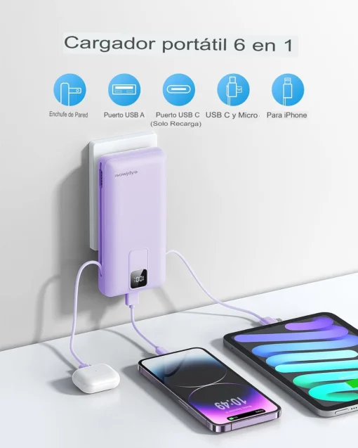 Cod. 257 Power Bank con cables integrados CHARMAST C2046S / 20.000 mAh, 20 W / Puertos: 4*salidas, 2*entradas / Ultra Slim / pantalla LED / Compatible: iPhone 16/15/14/13 y Samsung, Google y iPad