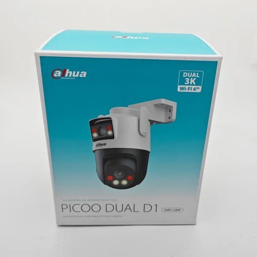 Cod. 372 Cámara Smart Exterior 360° DAHUA Picoo Dual 3K D1 5MP+5MP / Wi-Fi 6 / Vista Nocturna Dual Ligth (50m IR) / Detección humana/vehículo IA / 6*modos patrulla / Alarma (Luz y sonido) / Seg. automát. / Audio bidireccional / Soporta microSD (hasta 256G