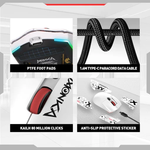 Cod. K:264 Mouse MONKA GURU G995W RGB Tri-modo Wireless (2.4G &amp; BT 5.2) + cable / 26.000 DPI / Chip PixArt PAW3395 / 6 botones / Peso (58g) / 100% PTFE (pie) / Bat. 300mAh(hasta 50H) / Dedicado: P/Gamer PRO/Usuario PRO