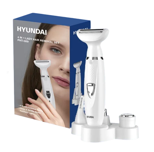 Cod. 1049 Set de depilación femenina Hyundai PHT-089 4en1 (afeitadora facial, de cejas, nariz y cuerpo, recortadora de bikini) 5W / Carga USB 1.5h, uso 90min. / Bat. 500mAh / Impermeable (IPX5)