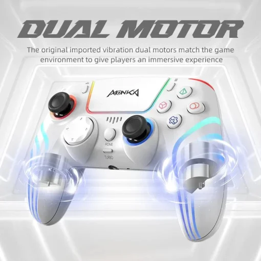 Cod. 073  Control de juegos Monka Contra GT-96 Wireless / BT 5.3 / Batería 1000mAh (10 horas) / vibración dual / Iluminación RGB / Panel táctil / puerto de audio 3,5mm / Compatible: PS4/PS3/Switch/Android/IOS13