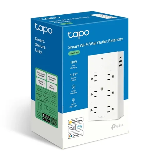 Cod. 1070  Enchufe Smart Wi-Fi 9 en 1 TP-Link Tapo P306 / 3*tomas smart + 3*tomas activos + 2*USB-A (QC3.0) + 1*USB-C (PD) carga rápida 18W / Compatible: Alexa, Google Home y Apple Siri / Prot. contra sobretensión / Programable y temporizador