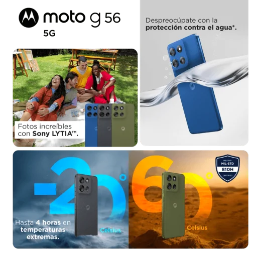 Cod. 312 Motorola G56 5G / Dimensity 7060 / Ram 8GB (+8GB Aut. Boost AI), 256GB Alm. / 6.72" FHD+ 120Hz Corning&reg; Gorilla Glass 7i / Cam. Sensor Sony - LYTIA 600 50MP, Selfie 32MP / Android&trade; 15 / Dolby Atmos&reg; / TurboPower&trade; 30W, 5200mAh / eSIM + pSIM / IP69