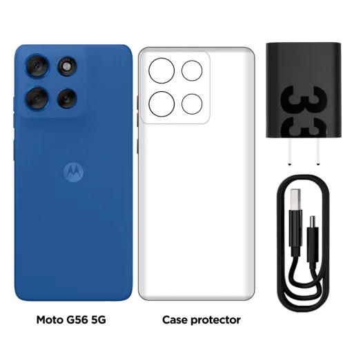 Cod. 312 Motorola G56 5G / Dimensity 7060 / Ram 8GB (+8GB Aut. Boost AI), 256GB Alm. / 6.72" FHD+ 120Hz Corning&reg; Gorilla Glass 7i / Cam. Sensor Sony - LYTIA 600 50MP, Selfie 32MP / Android&trade; 15 / Dolby Atmos&reg; / TurboPower&trade; 30W, 5200mAh / eSIM + pSIM / IP69