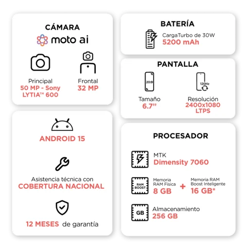 Cod.319 Motorola G56 5G / Dimensity 7060 / Ram 8GB (+8GB Aut. Boost AI), 256GB Alm. / 6.72" FHD+ 120Hz Corning&reg; Gorilla Glass 7i / Cam. Sensor Sony - LYTIA 600 50MP, Selfie 32MP / Android&trade; 15 / Dolby Atmos&reg; / TurboPower&trade; 30W, 5200mAh / eSIM + pSIM / IP69&amp;