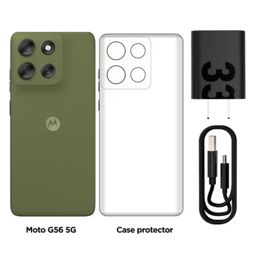 Cod. 311 Motorola G56 5G / Dimensity 7060 / Ram 8GB (+8GB Aut. Boost AI), 256GB Alm. / 6.72" FHD+ 120Hz Corning&reg; Gorilla Glass 7i / Cam. Sensor Sony - LYTIA 600 50MP, Selfie 32MP / Android&trade; 15 / Dolby Atmos&reg; / TurboPower&trade; 30W, 5200mAh / eSIM + pSIM / IP69