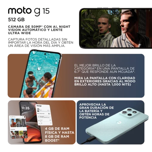 Cod. 267 Motorola G15 5G / Helio G81 Extreme / Ram 4GB (+8GB Aut. Boost AI), 512GB Alm. / 6.7&quot; FHD+ Gorilla® Glass 3 / Cam. 50MP+5MP, Selfie 8MP / Android™ 15 / Aud. Dolby Atmos® / TurboPower™ 20W, 5200mAh / Dual SIM / IPX IP52 / Celeste