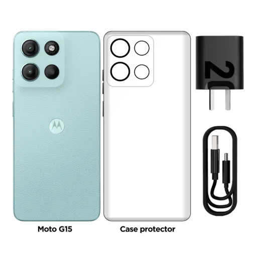 Cod. 267 Motorola G15 5G / Helio G81 Extreme / Ram 4GB (+8GB Aut. Boost AI), 512GB Alm. / 6.7&quot; FHD+ Gorilla® Glass 3 / Cam. 50MP+5MP, Selfie 8MP / Android™ 15 / Aud. Dolby Atmos® / TurboPower™ 20W, 5200mAh / Dual SIM / IPX IP52 / Celeste