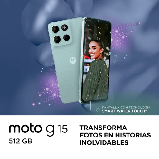 Cod. 266  Motorola G15 5G / Helio G81 Extreme / Ram 4GB (+8GB Aut. Boost AI), 512GB Alm. / 6.7&quot; FHD+ Gorilla® Glass 3 / Cam. 50MP+5MP, Selfie 8MP / Android™ 15 / Aud. Dolby Atmos® / TurboPower™ 20W, 5200mAh / Dual SIM / IPX IP52 / Azul