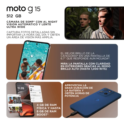 Cod. 266  Motorola G15 5G / Helio G81 Extreme / Ram 4GB (+8GB Aut. Boost AI), 512GB Alm. / 6.7&quot; FHD+ Gorilla® Glass 3 / Cam. 50MP+5MP, Selfie 8MP / Android™ 15 / Aud. Dolby Atmos® / TurboPower™ 20W, 5200mAh / Dual SIM / IPX IP52 / Azul