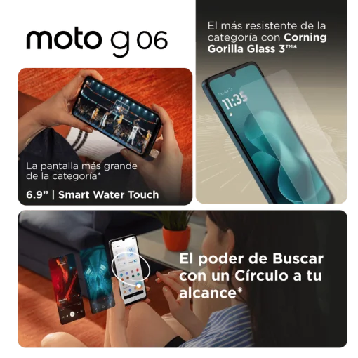 Cod. 308 Motorola G06 4G / Helio G81 Extreme / Ram 4GB (+8GB Aut. Boost AI), 128GB Alm. / 6.88" HD+ 120Hz Gorilla&reg; Glass 3 / Cam. 50MP, Selfie 8MP / Android&trade; 15 / Aud. Dolby Atmos&reg; / 5200mAh / Dual SIM / IPX IP64 / Naranja