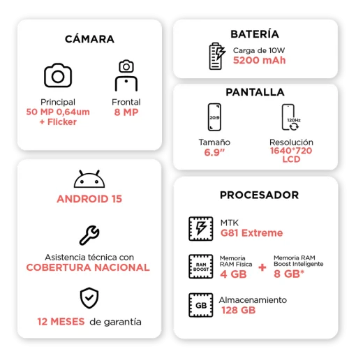 Cod. 308 Motorola G06 4G / Helio G81 Extreme / Ram 4GB (+8GB Aut. Boost AI), 128GB Alm. / 6.88" HD+ 120Hz Gorilla&reg; Glass 3 / Cam. 50MP, Selfie 8MP / Android&trade; 15 / Aud. Dolby Atmos&reg; / 5200mAh / Dual SIM / IPX IP64 / Naranja