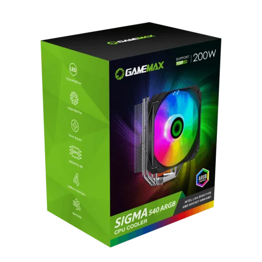 Cod. B:120 Air Cooler P/CPU GAMEMAX SIGMA 540 ARGB / 4 tubos térmicos / HDT 3.0 / TDP-200W / acabado niquelado / compatible: Intel LGA1700/1200/115X y AMD AM5/AM4 / ARGB Aura 5V 3pin, PWM 4 pines