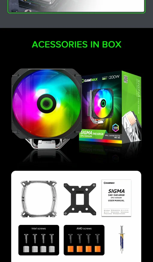 Cod. B:120 Air Cooler P/CPU GAMEMAX SIGMA 540 ARGB / 4 tubos térmicos / HDT 3.0 / TDP-200W / acabado niquelado / compatible: Intel LGA1700/1200/115X y AMD AM5/AM4 / ARGB Aura 5V 3pin, PWM 4 pines