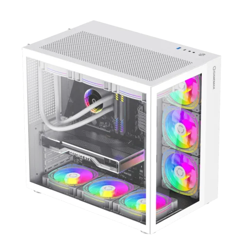 Cod. 376 Kit GAMEMAX Case Infinity White / lateral y frontal vidrio templado / doble c&aacute;mara / USB Tipo-C + USB 3.0, HD audio / sin fuente / Blanco / Incluye P/Armar 4*fans ARGB 120mm + Controlador RGB AURA Sync + CR