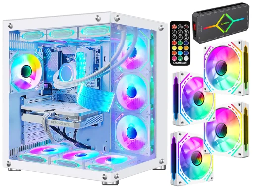 Cod. 381 Case WJCOOLMAN CA-020 White / ATX / lateral y frontal vidrio templado vista 270° / admite refrigeración líquida de 360° / USB 3.0, USB 2.0, HD audio / sin fuente /  Incluye P/Armar 4*fans ARGB 120mm + Controlador RGB AURA Sync + CR