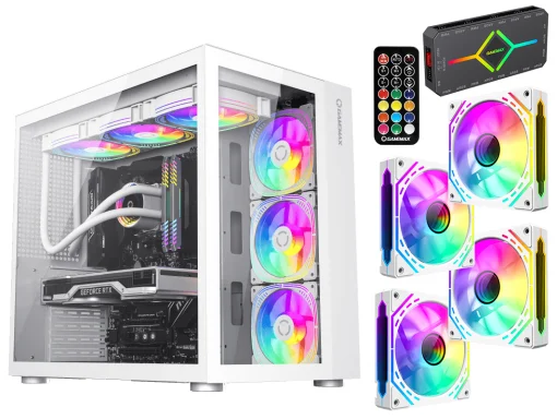 Cod. 376 Kit GAMEMAX Case Infinity White / lateral y frontal vidrio templado / doble c&aacute;mara / USB Tipo-C + USB 3.0, HD audio / sin fuente / Blanco / Incluye P/Armar 4*fans ARGB 120mm + Controlador RGB AURA Sync + CR