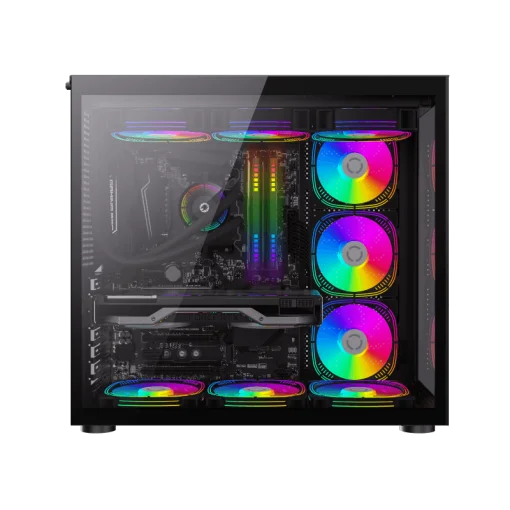 Cod. 231 Case Gaming GAMEMAX Infinity BK / lateral y frontal vidrio templado / doble cámara / USB Tipo-C + USB 3.0, HD audio / sin fuente / Negro