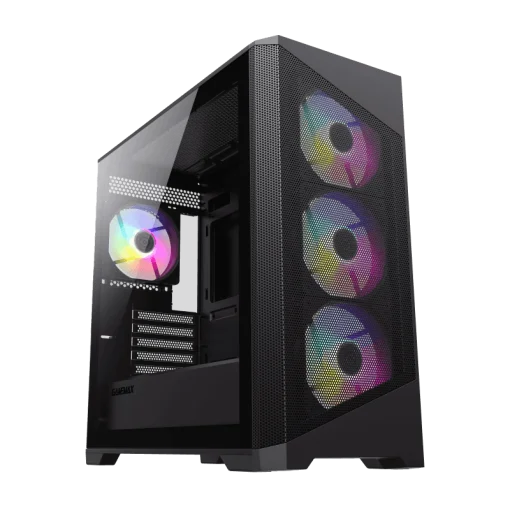 Cod. G:286 Case Gaming GAMEMAX Destroyer MB / lateral y vidrio templado / frontal malla / 1*USB3.0 + 2*USB2.0 / HD audio / Incluye: 4*ventiladores 12mm. ARGB