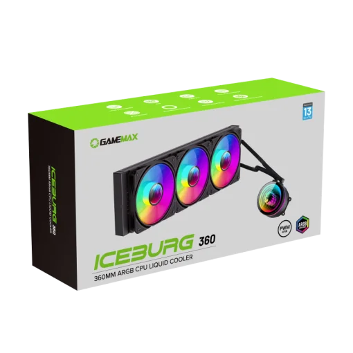 Cod. B:158 Sistema de Enfriamiento Líquido GAMEMAX ICEBURG 360 Infinity / FAN 3*120MM PWM / Sincronización ARGB AURA Sync / Conector 5V, 3 pines / 12V 4 pines / Compatible Intel LGA 1700 / AMD AM5 / ARGB