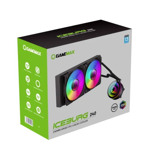 Cod. B:157  Sistema de Enfriamiento Líquido GAMEMAX ICEBURG 240 Infinity / FAN 2*120MM PWM / Sincronización ARGB AURA Sync / Conector 5V, 3 pines / 12V 4 pines / Compatible; Intel LGA 1851/1700 y AMD AM5 / ARGB