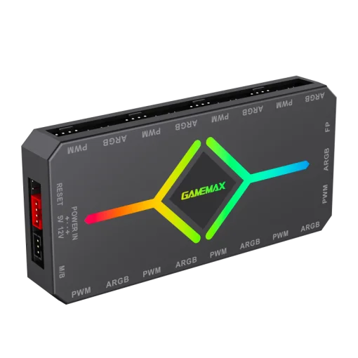 Cod. G:751 HUB Controlador GAMEMAX 3en1 V4.0 PWM ARGB HUB / control remoto / Diseño magnético / Sync AURA, MSI Gigabyte, AsRock 5v 3 Pin, / 9 puertos PWM + ARGB