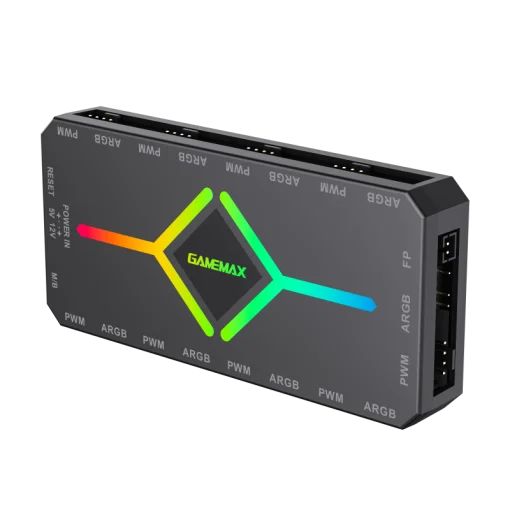 Cod. G:751 HUB Controlador GAMEMAX 3en1 V4.0 PWM ARGB HUB / control remoto / Diseño magnético / Sync AURA, MSI Gigabyte, AsRock 5v 3 Pin, / 9 puertos PWM + ARGB