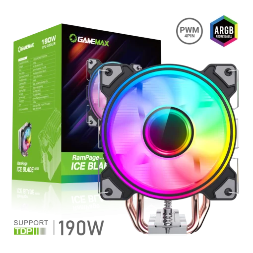 Cod.152 COOLER CPU GAMEMAX ICE BLADE ARGB / ARGB Infinito / TDP: 190W / doble anillo 120mm / 4*Heatpipes cobre / Compatible: Intel LGA1700/115X/1200, AMD AM5/AM4 / PWM 4 pines