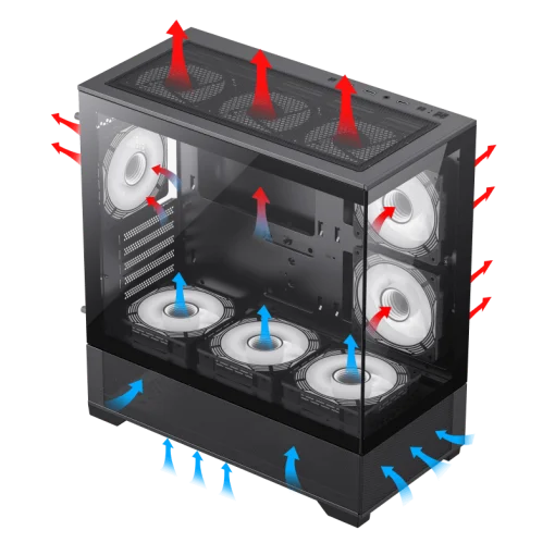 Cod. G:255 Case GAMEMAX VISTA MB / M-ATX / 1*USB3.0, 2*USB2.0 / vista panorámica 270° con vidrios templados / marco metálico de acero / admite tarjetas NVIDIA Serie 4000 &amp; refri. líquida 360° / audio combinado / Soporta hasta 9*Fans