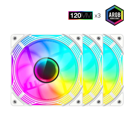 Cod. V:282 Kit Ventiladores PC GAMEMAX KF300R WH / 3*FAN120mm aspa invertida / Luces ARGB / AURA 3 pin 5V, PWM 4 pines Smart control