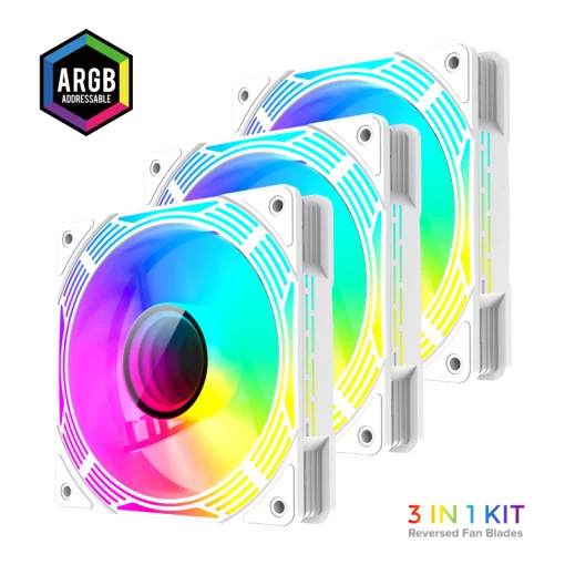 Cod. V:282 Kit Ventiladores PC GAMEMAX KF300R WH / 3*FAN120mm aspa invertida / Luces ARGB / AURA 3 pin 5V, PWM 4 pines Smart control