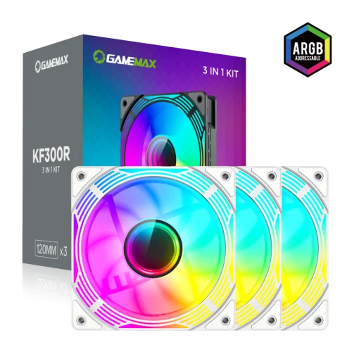Cod. V:282 Kit Ventiladores PC GAMEMAX KF300R WH / 3*FAN120mm aspa invertida / Luces ARGB / AURA 3 pin 5V, PWM 4 pines Smart control