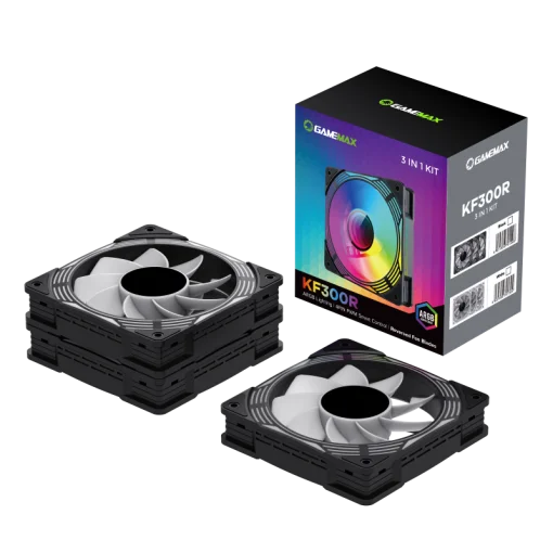 Cod. V:280 Kit Ventiladores PC GAMEMAX KF300R BK / 3*FAN120mm aspa invertida / Luces ARGB / AURA 3 pin 5V, PWM 4 pines Smart control