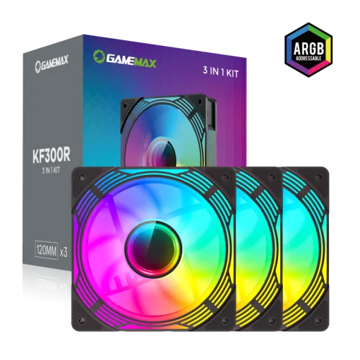 Cod. V:280 Kit Ventiladores PC GAMEMAX KF300R BK / 3*FAN120mm aspa invertida / Luces ARGB / AURA 3 pin 5V, PWM 4 pines Smart control