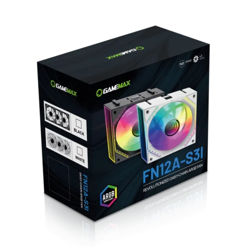 Cod. V:293 Kit Ventiladores PC GAMEMAX FN12A-S3I WH / 3*FAN120mm conectado en cadena / Luces ARGB efecto infinito 26LED (8+18 C/U) / PWM de 4 pines (M/F) / Aura 3 pin 5V (M/F)